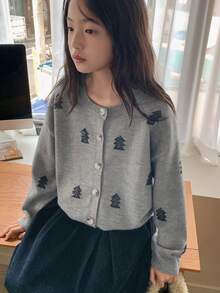 DAZY Tween Girls' Round Neck Long Sleeve Drop Shoulder Front Button Knit Casual Cardigan, Versatile For Christmas,New Year - Grey - View 7