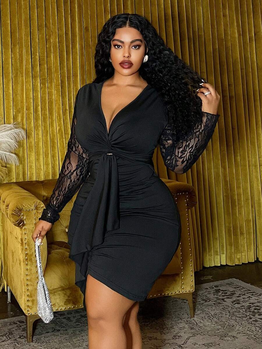 Slaydiva 秋冬新款优雅派对约会生日舞会浪漫修身纯黑色蕾丝拼接长袖扭结前襟褶皱系带加大码迷你连衣裙 - 黑色 - 查看 1