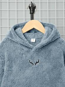 SHEIN Boys' Casual Embroidered Double-Sided Fleece Hooded Pullover Sweatshirt - Baby Blue - View 10
