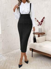SHEIN Clasi Chân váy bút chì xẻ tà sau thời trang nữ đa năng (có dây đeo vai), thích hợp mặc đi làm và đi chơi, mùa thu/đông - màu đen - Xem 5