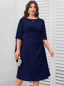 Reflora Váy hè thanh lịch cổ tròn tay lửng cỡ lớn, thắt eo - Màu xanh hải quân - Xem 3