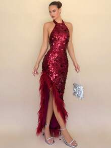 Rafferiza 露背开衩不对称羽毛亮片挂脖长裙