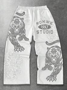 ROMWE MEN Anime Herren Leopard Digital Bedruckte Weite Hose