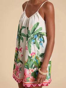 Travachic Bộ đồ liền thân ống rộng không tay xếp ly họa tiết cây nhiệt đới dành cho nữ - Nhiều màu - Xem 3