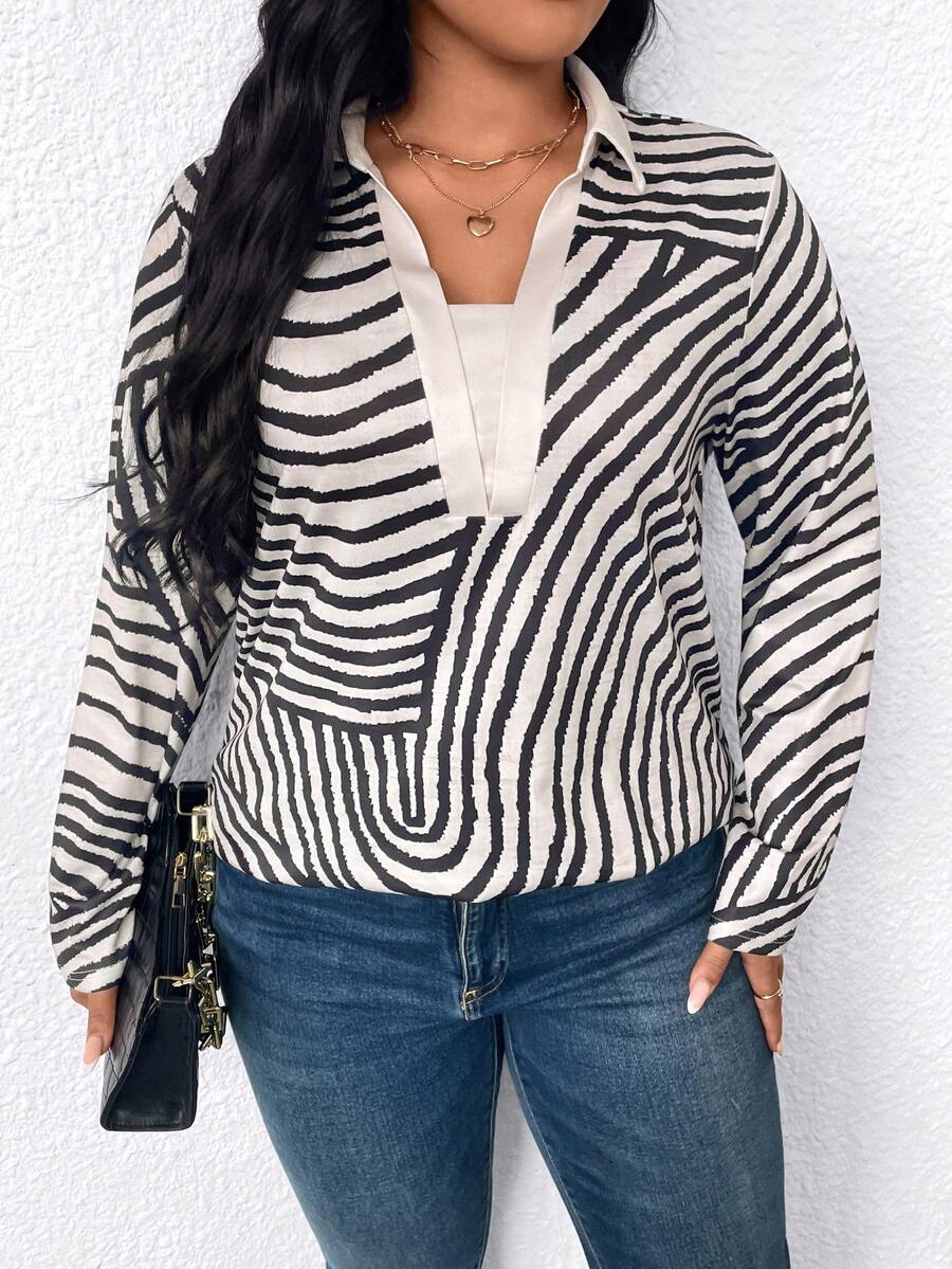 SHEIN 大码条纹不对称印花翻领长袖优雅T恤 - 卡其色 - 查看 1