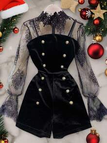 GlowEve 春夏最新款黑色长袖蕾丝边优雅修身设计金色纽扣天鹅绒连体裤，女款冬季、圣诞节、新年服装 - 黑色 - 查看 3