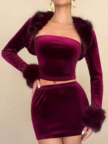 Rafferiza 3pcs/Set Plush Crop Top, Bandeau & Mini Skirt Sexy Women Outfit - Burgundy - View 4