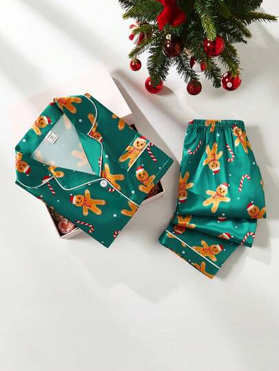 Set de 2 piezas de pijama casual y cómodo con estampado de pan de jengibre, que incluye cárdigan de manga larga y pantalones, para niñas mayores