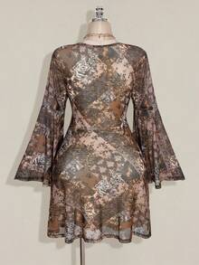 SHEIN ICON Váy peplum cổ chữ V tay loe họa tiết Paisley phong cách Bohemian cỡ lớn cho nữ - màu nâu - Xem 8