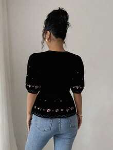 Rafferiza Elegant Romantic V-Neck Tie Design Floral Print Summer Blouse For Women Embroidered Top Black Peplum Top Summer Top Floral Top Rhinestone Top - Multicolor - View 2