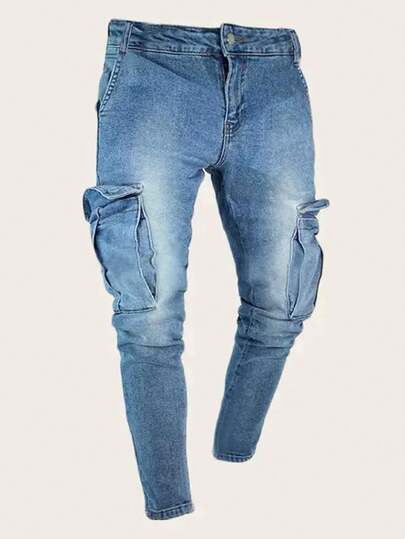 Manfinity Roughcore Jeans Skinny en coton pour homme avec poche latérale, jean cargo ample et long lavé en bleu foncé pour une sortie mode rappet