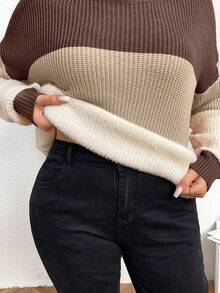 SHEIN LUNE Áo len chui đầu cổ tròn tay dài họa tiết sọc Colorblock cỡ lớn dành cho nữ, đa năng cho mùa thu/đông - Nhiều màu - Xem 4