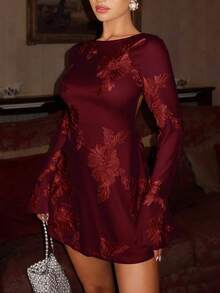 Glamine Charm Solid Color Mesh Embroidered Tie-Up Backless Sexy Charm Dress, Romantic Date & Everyday Wear, Elegant Trumpet Sleeve Waist Cinched Floral Print Dress For Ladies - Burgundy - View 5