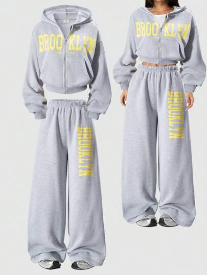 Sparklyn 2pcs/Set Teen Girls Casual Zip-Up Hoodie & Loose Fit Wide Leg Pants Set, Letter Print, Relaxed Streetwear Style, Suitable For Autumn/Winter