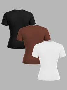 Set Of 3 Slim-Fit Long-Sleeved T-Shirts With Round Neck, 95% Cotton, Minimalist And Casual Style For Women - 多色 4 - 查看 2