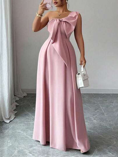 Elenzga Plus Size Women's Asymmetric Shoulder Elegant Romantic Party Dress With Plus Size Bow Waist A-Line, Suitable For Party, Wedding Guest, Bridesmaid, Autumn/Winter