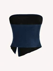 Siren Gaze Women Leather Top Fashionable Ruched Asymmetric Hem Tube Top, Suitable For Going Out And Parties Christmas Top Ruffle PU Leather Side Slit Hem Bandeau Crop Top Navy Blue Tube Top Strapless Top Leather Tube Top Ruched Tube Top Curve Tube Top Summer Pleated Tube Top Strapless Tube Top - Navy Blue - View 2