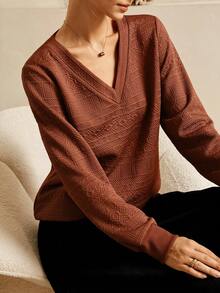 Lymera Women's Textured Floral Pattern V-Neck Casual Sweatshirt, Autumn/Winter - Brown - View 2