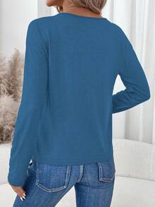 SHEIN LUNE Áo thun tay dài cổ chữ V trơn màu đơn giản dành cho nữ, đa năng để mặc nhiều lớp và mặc hàng ngày, thích hợp cho mùa thu/đông - Màu xanh bụi bặm - Xem 2