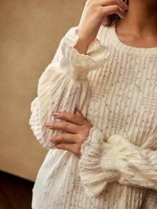 MOTF PREMIUM BLUSA CON VOLANTES TALLA GRANDE PARA OTOÑO E INVIERNO - Beis - Ver 2