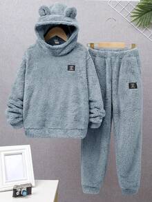 SHEIN 青少年男孩休闲贴布羊毛连帽运动衫和慢跑裤两件套 - 淺藍色 - 查看 9