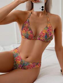 Women's Floral Print Halter Neck Adjustable Strap Fashionable Summer Bikini Set, Random Print - Multicolor - View 1