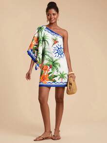 SHEIN TRVLCHIC 热带印花不对称肩迷你连衣裙，休闲假日 - 彩色 - 查看 6
