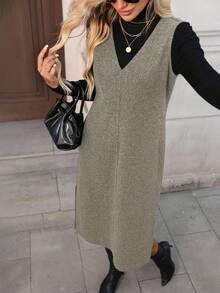 SHEIN LUNE Women's Casual Solid Color Woolen Sleeveless V-Neck Split Midi Dress, Basic Outfit For Autumn/Winter Daily Wear,Casual - Brown - View 3