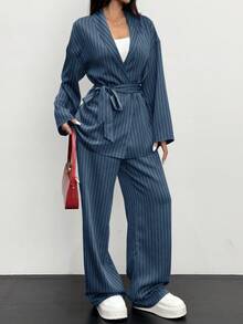 Siren Gaze Women Fashion Striped Wrap Jacket And Casual Pants 2 Pieces Set, Office Business Commute Suit, In Fall/Winter Blue - Blue - View 5