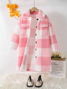 SHEIN Áo khoác len kẻ caro mềm mại, dáng rộng thoải mái cho bé gái, ấm áp và thoải mái, thời trang ấm áp, thích hợp mặc thường ngày, áo khoác lông cừu dài tay cổ ve áo dài vừa phải cho mùa đông, cho lễ Halloween. Mùa tựu trường, bộ đồ đôi mẹ, chị gái và tôi - màu đen - Xem 3