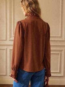 Écloséra French Retro Embroidery Shades Of Brown Lotus Leaf Collar Long-Sleeved Shirt,Women's Autumn Elegant Tea Party Solid Color Fitted Top Teacher Clothing - Rust Brown - View 2