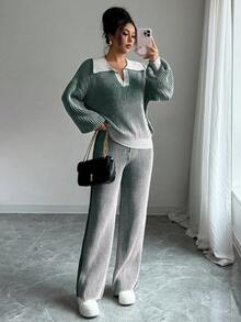 Elenzga 2pcs/Set Setelan Wanita Polo Kerah Patchwork Warna Kontras Sweater Pullover + Celana Panjang, Musim Gugur/Musim Dingin - Dark Green - View 4