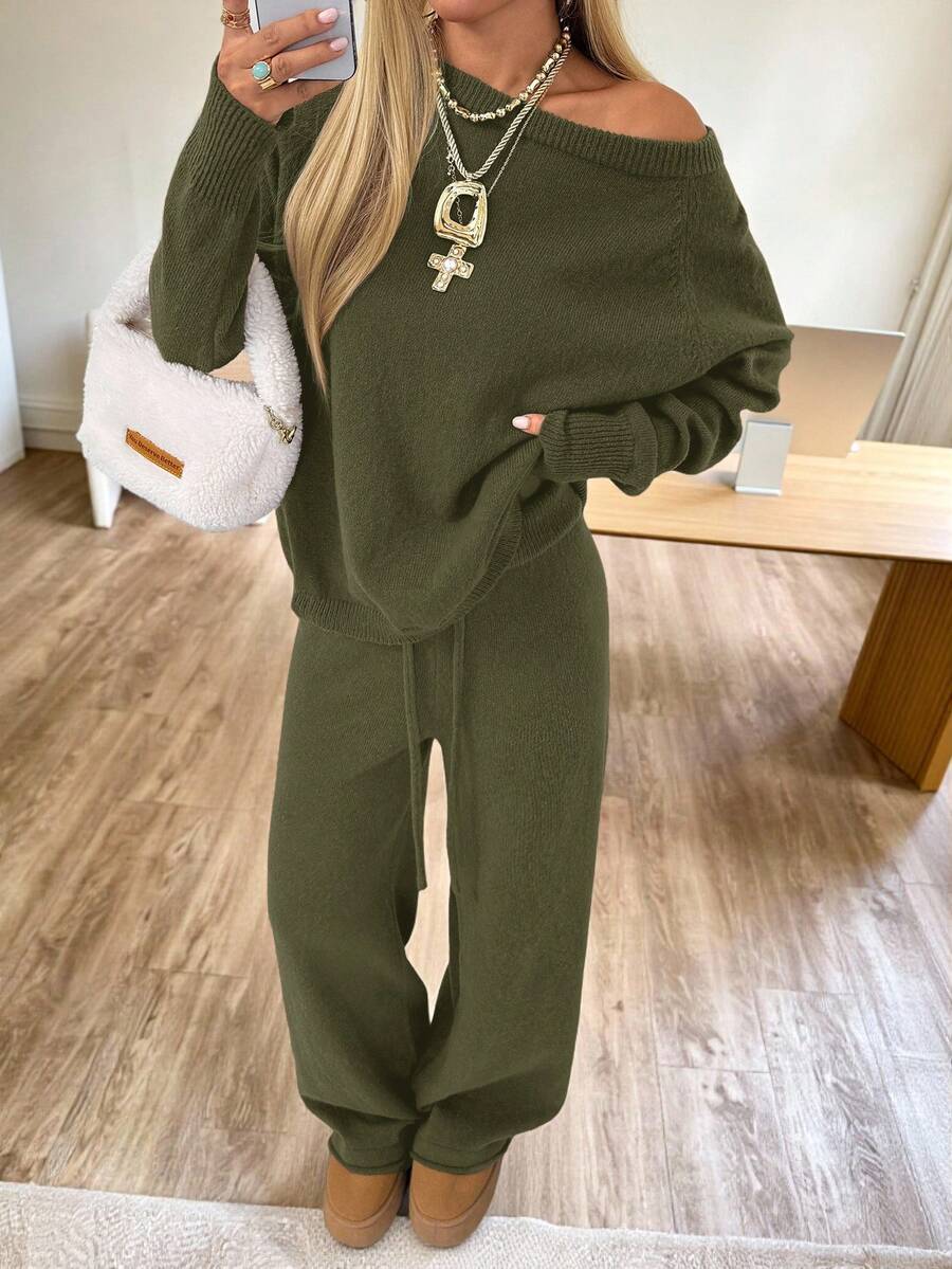 CovetEZ Set di maglione e pantaloni in maglia a tinta unita, con spalla obliqua, casual per donna - Verde militare - Visualizzare 1