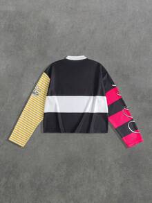 ROMWE MEN 男式撞色领时尚街头图案印花长袖 Polo 衫 - 彩色 - 查看 2