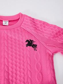 SHEIN Explorewe Casuvi 儿童女童两件套冬季服装，针织双层提花纹理套头衫套装，带有马术运动图案印花，适合秋冬季休闲、运动、度假穿着 - 玫紅色 - 查看 7
