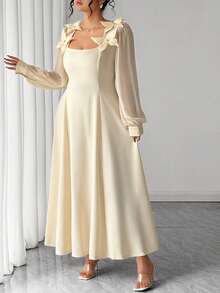 Elenzga Plus Size Women Elegant Formal White Autumn Maxi Dress,Chiffon Long Sleeve Square Neck 3D Floral Decor A-Line Party Date Gathering Minimalist Gown - Apricot - View 4
