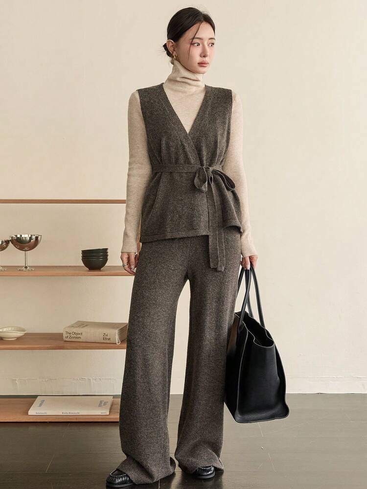 Women's Loose Business Casual Elegant Sleeveless Cardigan Knit Top And Straight Leg Pants 2 Pieces Set, Autumn/Winter
