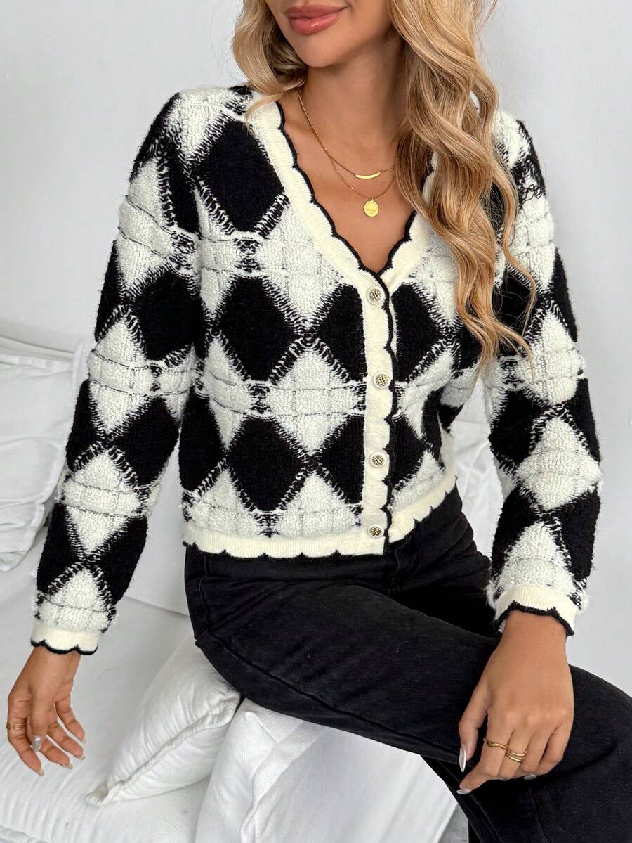 SHEIN PETITE Áo len cardigan họa tiết kim cương phong cách Pháp tối giản dành cho nữ - Đen và trắng - Xem 1