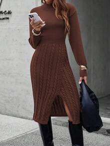 EMERY ROSE Vestido de mujer elegante con cintura ceñida y abertura larga - Marrón Chocolate - Ver 5