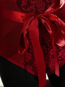 SHEIN 2件套加大码蕾丝撞色网眼性感内衣套装 - 酒紅色 - 查看 4