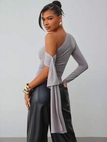 Hauture Áo cánh nữ dáng suông lệch vai màu trơn thời trang - Xám - Xem 2