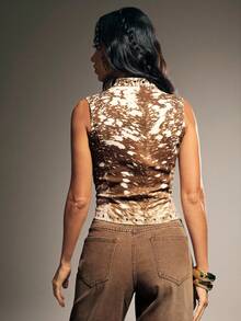 Denimoi Fawn Print Lace Up Top GNO Clubbing Tops Concert Outfits Fashionable Sexy Tops - Multicolor - View 4