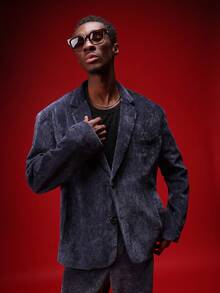 SUMWON Regular Men Velour Blazer Formal Jacket Luxury Two Button Single Breasted Smart Casual Business Professional Office Wear Long Sleeve Navy Style Structured Lapel - Blue - View 4