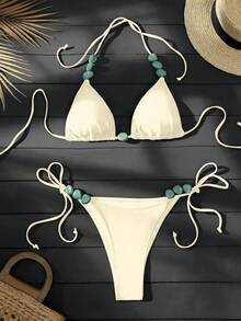 Swim Vcay 女士夏季沙滩挂脖领带翡翠大理石绿色图案装饰，适合海滩、泳池、休闲派对、节日、春夏 - 杏色 - 查看 1