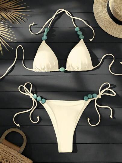 Swim Vcay Women's Summer Beach Halter Neck Tie Jade Marble Green Pattern Decor, Beach, Pool, Casual Party, Holiday, Spring/Summer