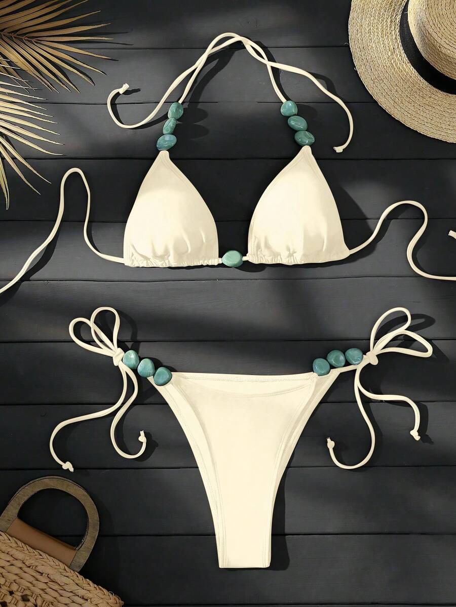 Swim Vcay 女士夏季沙滩挂脖领带翡翠大理石绿色图案装饰，适合海滩、泳池、休闲派对、节日、春夏 - 杏色 - 查看 1