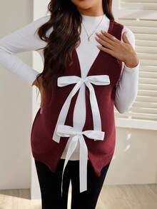 SHEIN Maternity Colorblock Bowknot Strap Minimalist Sleeveless Sweater Vest - Burgundy - View 4