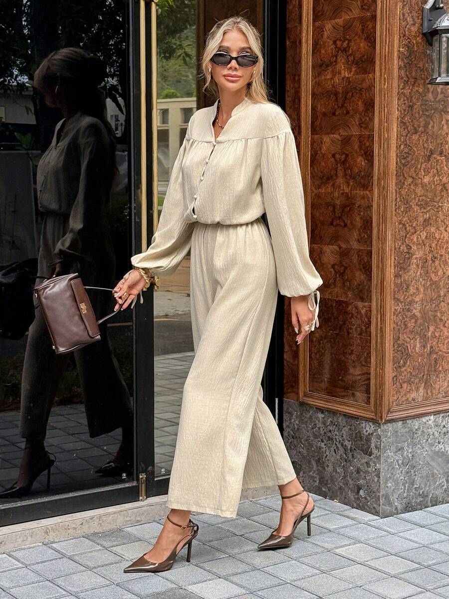 SHEIN Frenchy Autumn Fall Clothes For Women 2025 New Elegant Women's Elegant Commuter Solid Color Lantern Sleeve Jumpsuit,Office Commute Work Streetwear, Suitable For Party Wedding Graduation, Classic Chic Old Money Style Outfit Winter,All-Season,Thanksgiving Outfit For Women,New Year  Jumpsuit ,Casual Jumpsuit  ,Autumn Jumpsuit, Jumpsuit   Suitable For Party, Halloween, Christmas, Holiday Events Boho Jumpsuit ,Holiday Outfits For Women - Apricot - View 1