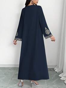 SHEIN Najma 大码女式佩斯利花卉数码印花 V 领长袖优雅阿拉伯风格长裙，春秋季 - 彩色 - 查看 2