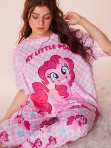 My Little Pony X SHEIN Conjunto de pijama de camiseta y pantalones con estampado de cuadros y ponis para tallas grandes de verano - Rosa - Ver 1